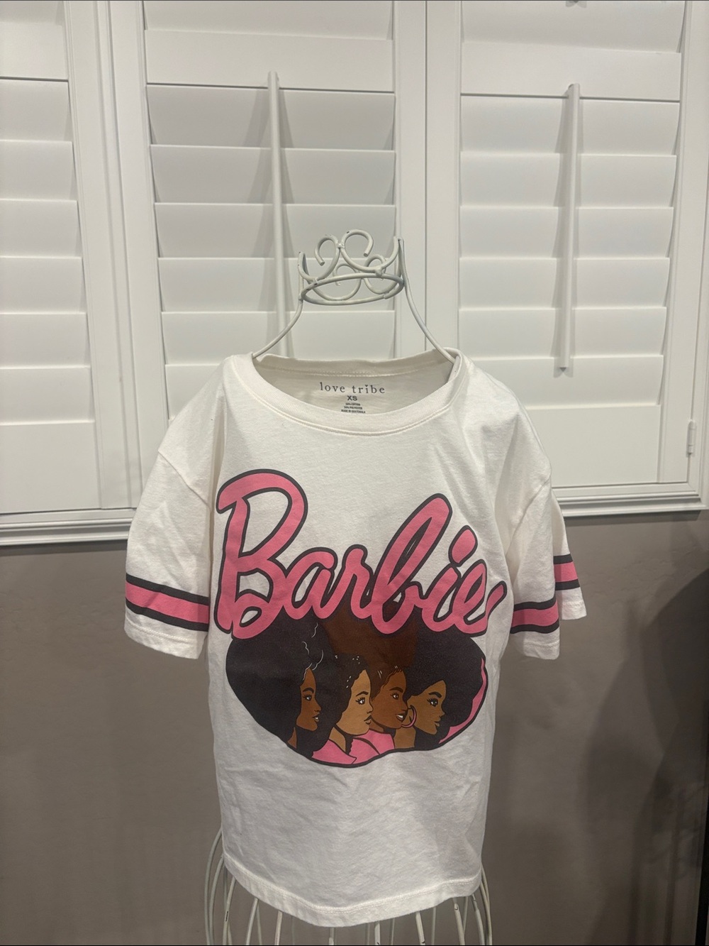 Love Tribe White Tee with Pink Barbie Script and Graphic